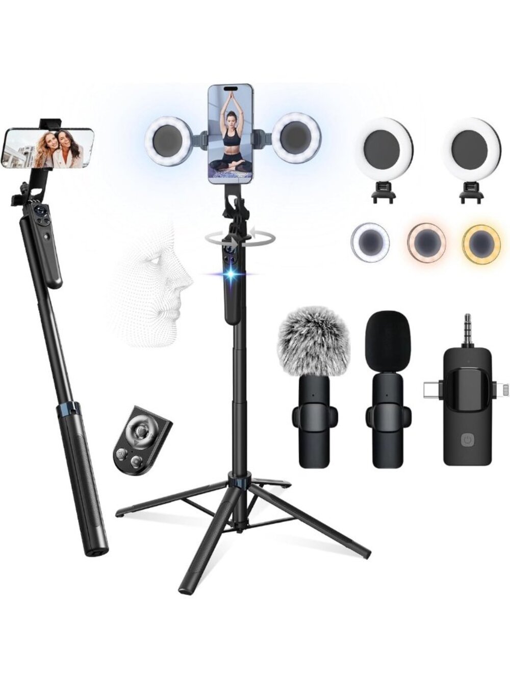 71” Vlogging Kit with 2 LED Lights & 2 Microphones - Perfect for Content